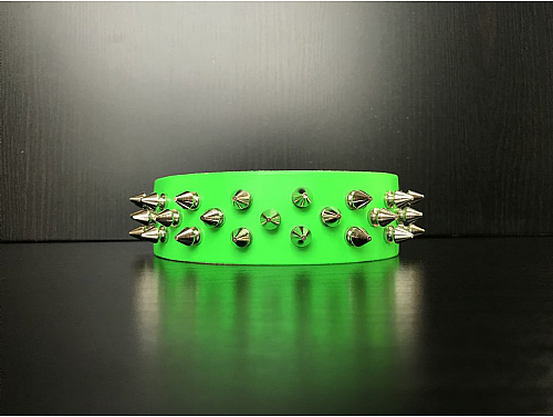 Fluorescent Green/3 Spike Studs - Leather Dog Collar - Size L